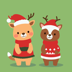 Naklejka premium Kawaii Christmas Animals - Reindeer and Hamster with Santa Hat