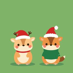 Kawaii Christmas Animals - Reindeer and Hamster with Santa Hat