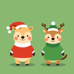Fototapeta premium Kawaii Christmas Animals - Reindeer and Hamster with Santa Hat