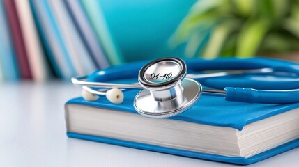 Stethoscope and Medical Book on Desk with Green Plant Background