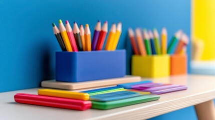 Fototapeta premium Colorful Art Supplies on Desk with Bright Blue Background