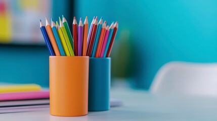 Fototapeta premium Colorful pencils in orange and blue containers on a bright desk