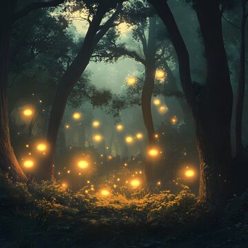 Enchanting glow-worm forest at night
