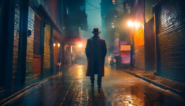 a cinematic scene set in a rainy alley; man walking in the city; rain-soaked alley encounter