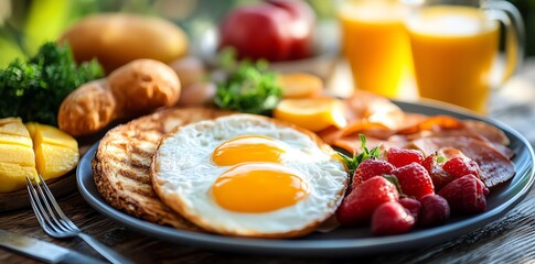Breakfast Plate with Fried Eggs, Toast and Fruit for a Healthy Meal