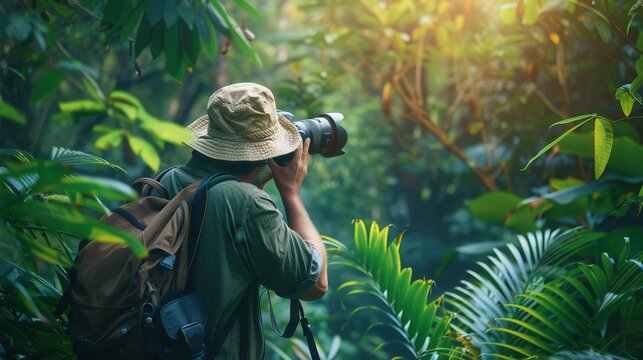 Fototapeta Nature photography day image, Tourist photographer taking picture of nature, wildlife photographer exploring jungle, adventure travel and tours concept image