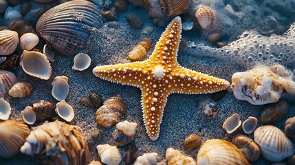 Starfish and seashells on beach sand summer vacation coastal theme sea life ocean nature 