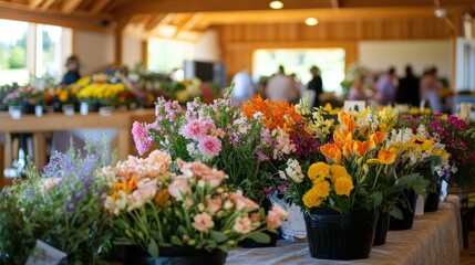 Floral Market's Embrace: A vibrant floral market unfolds, with an array of colorful bouquets and potted flowers displayed in front, and market goers and shopkeeper in the background.