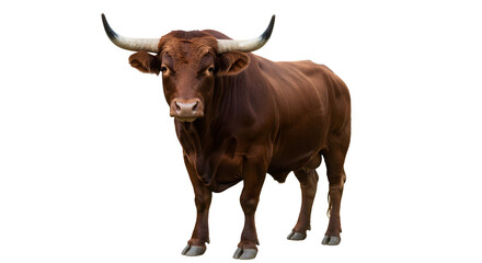 Standing Brown Bull with Large Horns Isolated on White Background