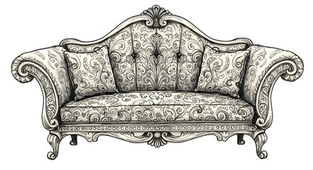 Elegant sofa with ornate design and cushions digital illustration