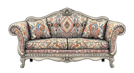 Elegant Sofa with Decorative Cushions and Detailed Pattern Illustration