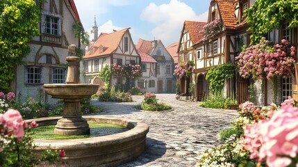 Obraz premium Charming European Town Square: A picturesque square of European old town, quaint half-timbered buildings, vibrant floral blooms, creating a sense of timeless beauty and tranquility.
