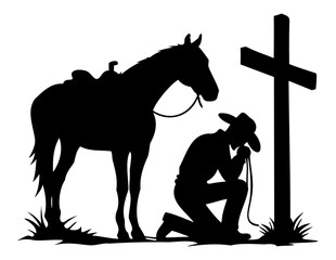 Cowboy Cross Prayer Faith Horse Death Grave Jesus Logo Sign Graphic Silhouette Shape Clipart Digital Art Illustration