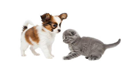 Puppy and Kitten Looking at Each Other on White Background