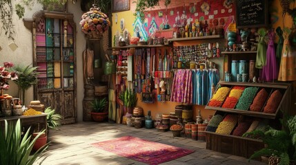 Vibrant Ethnic Shop: A captivating scene of a shop overflowing with colorful textiles, spices, and handicrafts, showcasing a rich cultural heritage and inviting exploration.
