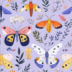 A seamless pattern with colourful moths their wings adorned in various shades set against a light purple background adorned with delicate flowers and foliage