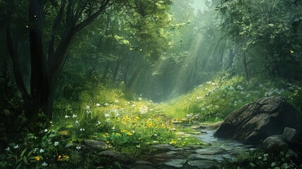Obraz premium A sunlit path through a verdant, blooming forest
