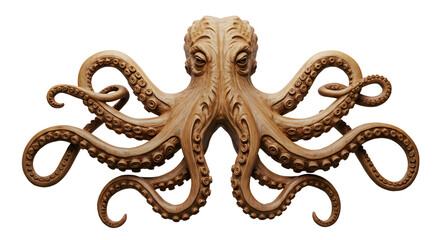 Detailed Carved Octopus Sculpture with Curled Tentacles on White Background