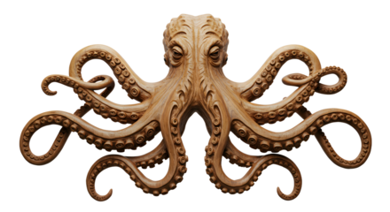 Detailed Carved Octopus Sculpture with Curled Tentacles on White Background