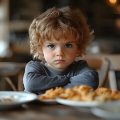 Frustrated kids with selective eating habits struggle with mealtime at home, expressing anger and disappointment over meals they find unappealing,

