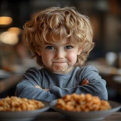Naklejka premium Frustrated kids with selective eating habits struggle with mealtime at home, expressing anger and disappointment over meals they find unappealing,