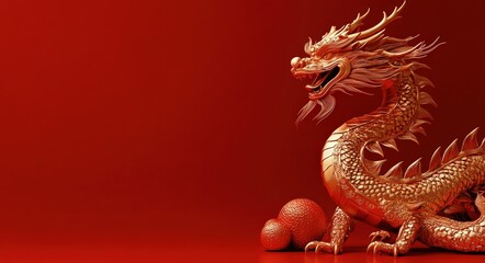 Obraz premium Golden Chinese Dragon Statue on Red Background