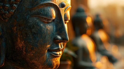 Serene Buddha Statue at Sunset Close-up of Peaceful Face