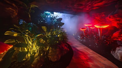Walking Path Through Enchanted Cave with Glowing Mushrooms and Plants