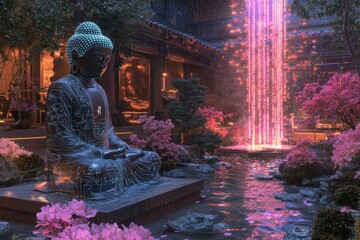 Cyberpunk Buddha Digital Serenity in a Zen Garden