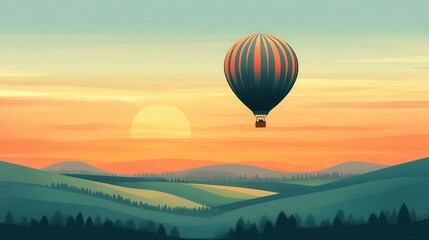 Fototapeta premium Soaring Above: A vibrant hot air balloon floats majestically above a serene landscape, with rolling hills and an orange sunset. A symbol of freedom and adventure.