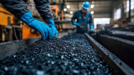 a worker is handling the coal and another one in the background at industrial settings.