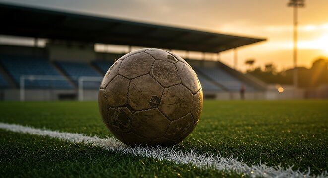 Worn soccer ball resting on line - anticipation of game - sports blogs or athletic websites