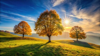 Fototapeta premium Autumnal Serenity Golden Trees Bask in the Warm Glow of a Setting Sun on Rolling Hills