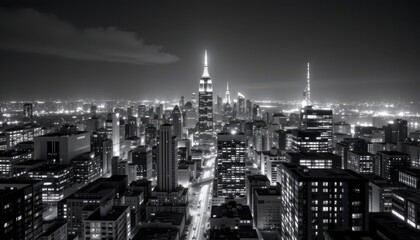 A black and white photograph of a cityscape at night, capturing the hustle and bustle of urban life with streaks of light and shadows creating a dramatic wallpaper.
