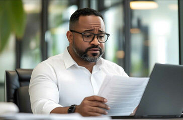 An African American businessman is sitting at his desk in the office holding papers and looking distressed while reading an urgent letter on the phone He has