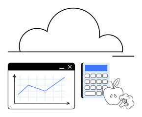 Cloud hovering above chart with rising trendline, calculator, apple, and broccoli. Ideal for finance, technology, analysis, health monitoring cloud computing diets productivity. Flat simple