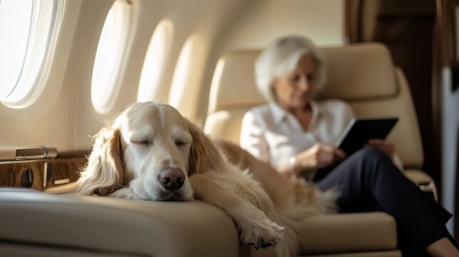 a woman and her dog on a private jet.