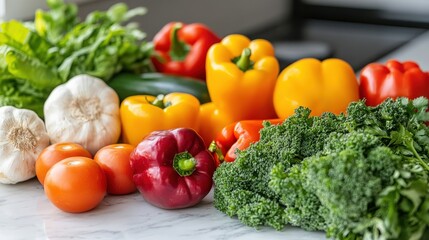 Vibrant Fresh Produce: A collection of fresh, colorful vegetables bursts with vitality and health. Tomatoes, bell peppers, and lettuce offer an inviting, wholesome feast for the eyes. 