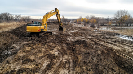 Obraz premium A construction excavator at work on a construction site.