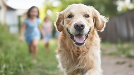 a golden retriever dog with children running.