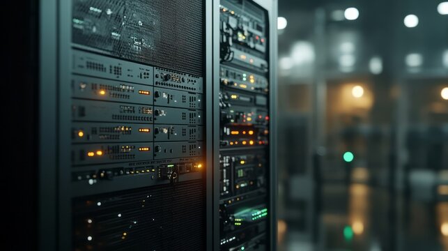 data server racks with various equipment inside a server room.