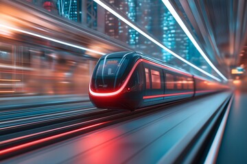 Fototapeta premium ESG, sustainability and innovation: A hyperloop train speeding through a neon-lit eco-friendly megacity, showcasing futuristic sustainable transportation, ultra-detailed.