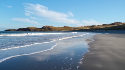 Fototapeta premium Seaside Serenity: Capture a serene coastal scene, where gentle waves caress the sandy shore, under a clear azure sky with fluffy clouds in a tranquil beach setting. 