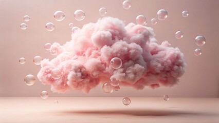 Fototapeta premium Pink fluffy cloud formation with translucent spheres floating around it on a pale background