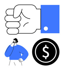 Fist gesture above a thinking person and a dollar coin convey decision-making, financial planning, confidence, and problem-solving. Ideal for business, finance, leadership, strategy, motivation