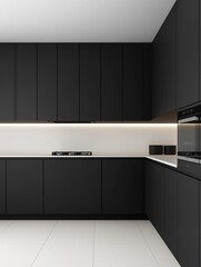 Fototapeta premium Modern kitchen with black cabinets and white countertops. the cabinets are arranged in a vertical line, with the backsplash on the left side and the cabinets on the right side.