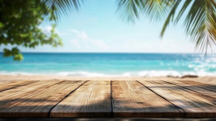 Beach vacation background with wood table and tropical sea view for product display summer holiday 100