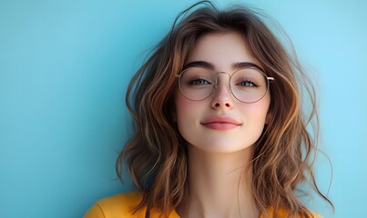 Naklejka premium Portrait of a woman with glasses, highlighting vision care and optical insurance for eye exams. Features a satisfied client with prescription eyewear and new frames,