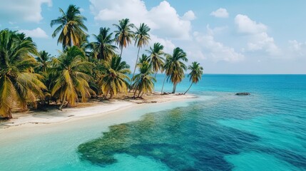 Tropical Paradise: Palm trees fringe a pristine beach, their fronds swaying gently against the azure sky, while the crystal-clear turquoise water laps at the shore.