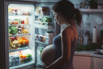 Starving young woman holding her belly while looking into open fridge full of food products, kitchen interior, side view